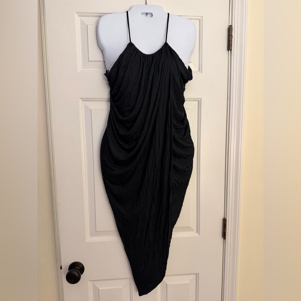 H&M Black Ruched Halter Dress Asymmetrical Hem Minimalist Midi Size 4